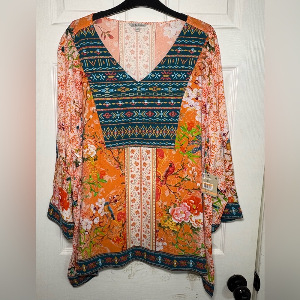 NWT - John Mark Embroidered V-Neck Melon Plus-Size Bohemian Floral Blouse - Picture 2 of 7